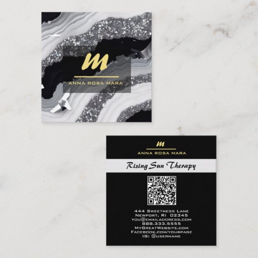 *~* QR Agaat Zwart Wit Goud Glitter Initiaal AP66 Vierkante Visitekaartje (Voorkant / Achterkant)