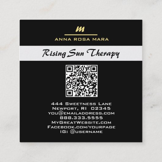 *~* QR Agaat Zwart Wit Goud Glitter Initiaal AP66 Vierkante Visitekaartje (Achterkant)