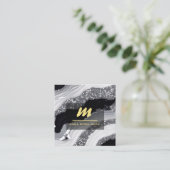 *~* QR Agaat Zwart Wit Goud Glitter Initiaal AP66 Vierkante Visitekaartje (Staand voorkant)