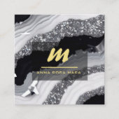 *~* QR Agaat Zwart Wit Goud Glitter Initiaal AP66 Vierkante Visitekaartje (Voorkant)