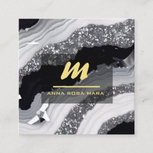 *~* QR Agaat Zwart Wit Goud Glitter Initiaal AP66 Vierkante Visitekaartje