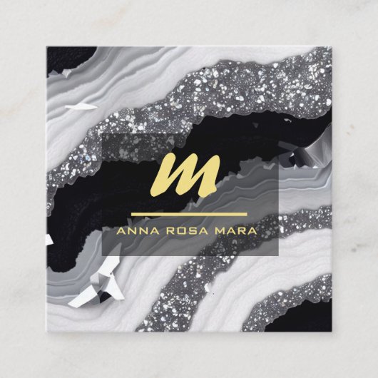 *~* QR Agaat Zwart Wit Goud Glitter Initiaal AP66 Vierkante Visitekaartje (Voorkant)