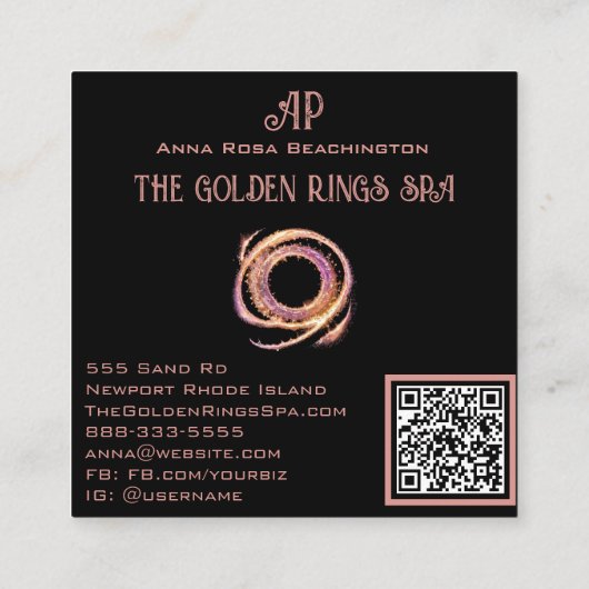 *~* QR AP65 Gouden Ringen Glitter Zwart Vierkante Visitekaartje (Achterkant)
