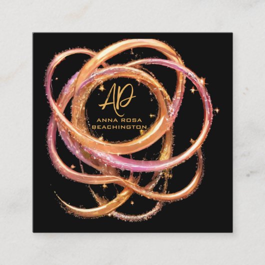 *~* QR AP65 Gouden Ringen Zwart Glitter Vierkante Visitekaartje (Voorkant)