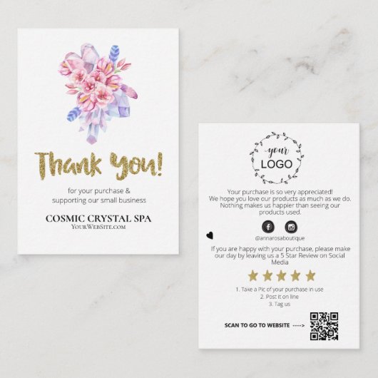 *~* QR AP8 LOGO KOSMISCHE KRISTALLEN Review DANK U Informatiekaartje (Voorkant / Achterkant)