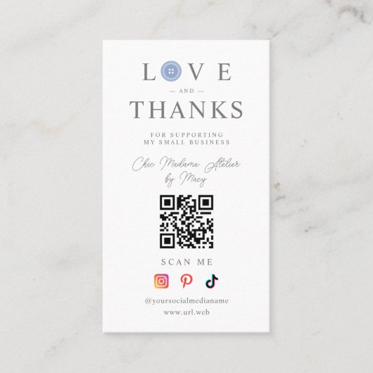 QR Baby Blue Button Love & Thanks Photo Supporting Visitekaartje (Voorkant)