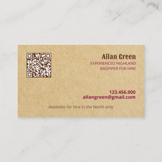 QR Bagpiper te huur Piper Visitekaartje (Achterkant)