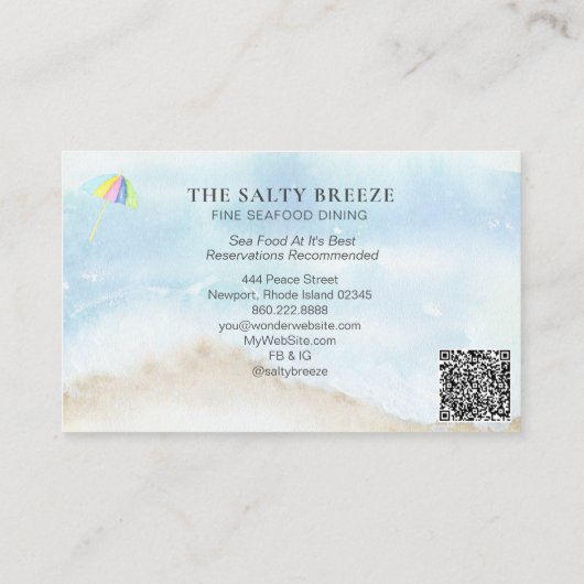 *~* QR Beach Sand Umbrella Zee Waterverf Ocean Bu Visitekaartje (Achterkant)