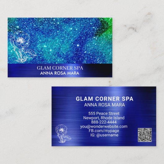 *~* QR Beauty Floral Roos Glitter Brushed Metal Visitekaartje (Voorkant / Achterkant)