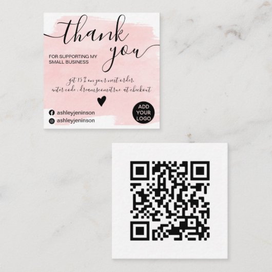 Qr borstelslag waterverf roze orde dank u vierkante visitekaartje (Voorkant / Achterkant)