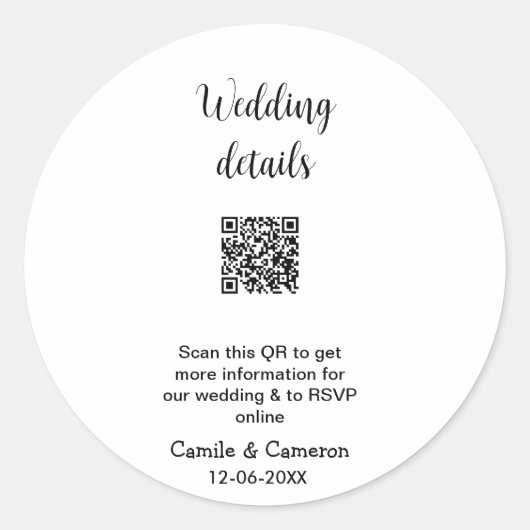 QR BRUILOFT WEBSITE voeg fotonaam datum zwart wit Ronde Sticker (Voorkant)