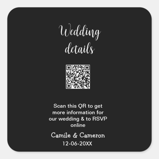 QR BRUILOFT WEBSITE voeg fotonaam datum zwart wit Vierkante Sticker (Voorkant)