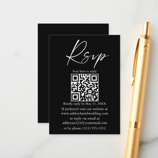 QR Calligraphy Ink Script Black RSVP Informatiekaartje (Voorkant / Achterkant in situ)