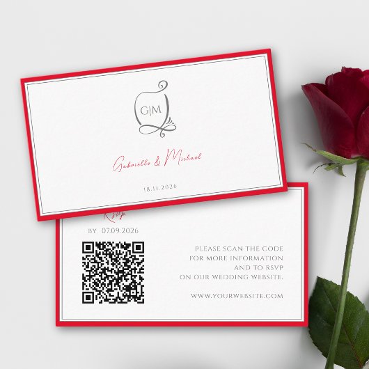 QR Cherry Red Eenvoudig Elegant Monogram RSVP Brui Informatiekaartje