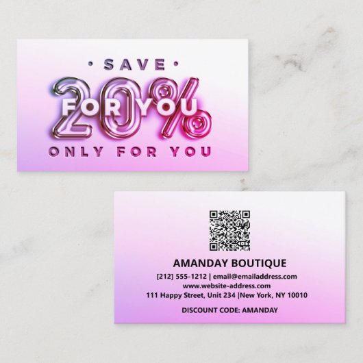 QR-CODE 20%OFF KORTINSERT DANK PINK VISITEKAARTJE (Voorkant / Achterkant)