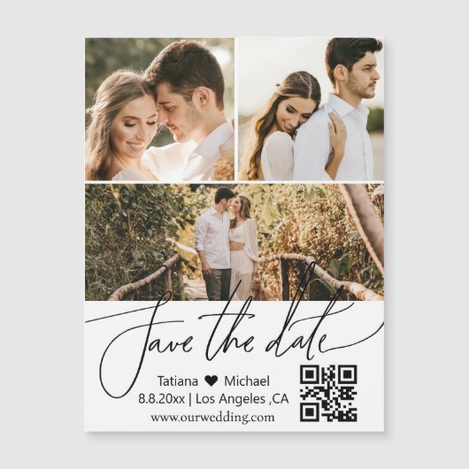 qr code 3 foto collage save the date magneet (Voorkant)