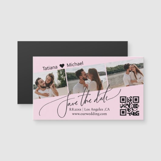 qr-code 3 foto collage save the date roze magneet (Voorkant / Achterkant)