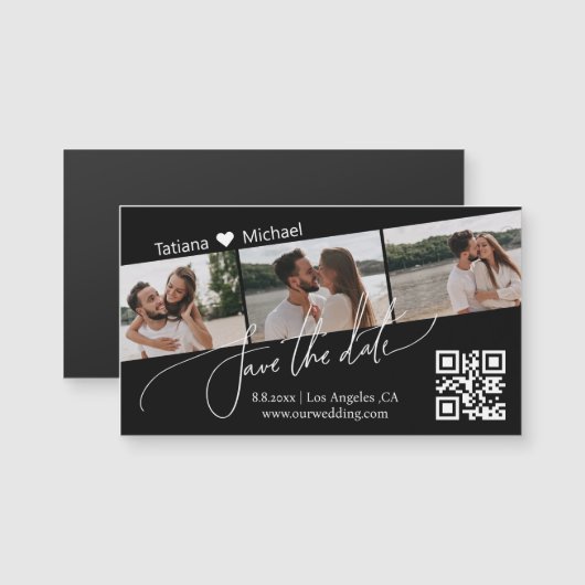 qr code 3 foto collage save the date zwarte magnee (Voorkant / Achterkant)