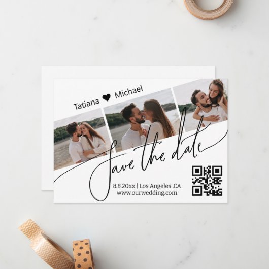 qr code 3 fotocollage met behoud van datumminimali notitiekaartje (Voorkant / Achterkant in situ)