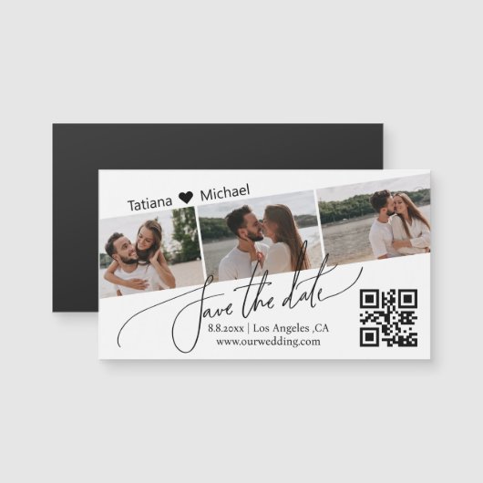 qr-code 3 fotocollage save the date chic magneet (Voorkant / Achterkant)