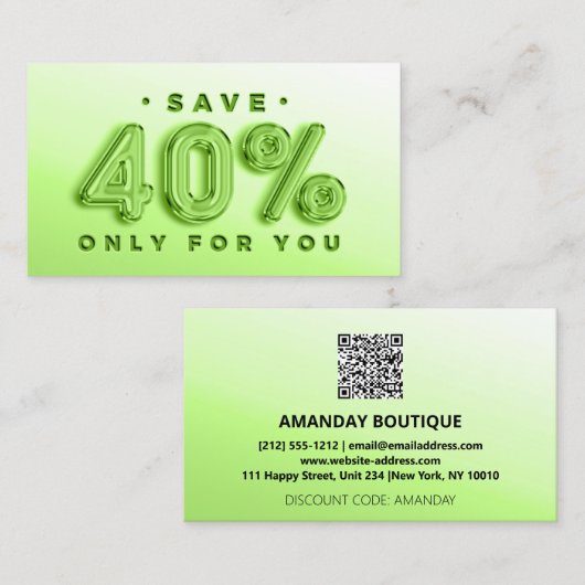 QR-CODE 40%OFF KORTING BEVORDERING GROEN VISITEKAARTJE (Voorkant / Achterkant)