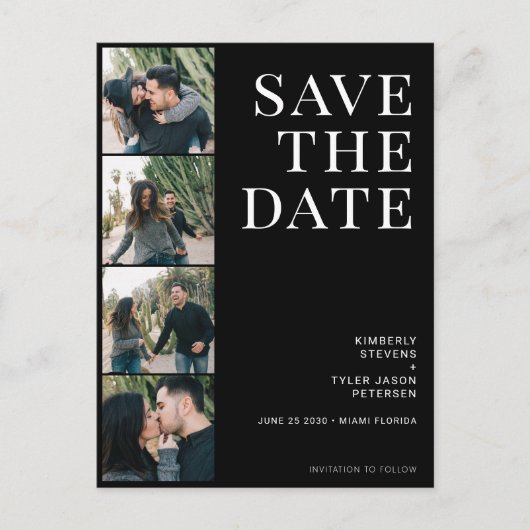 QR CODE 4 foto's typografie zwarte bruiloft Aankondigingskaart (Voorkant)