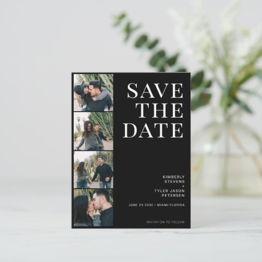 QR CODE 4 foto's typografie zwarte bruiloft Aankondigingskaart (Staand voorkant)