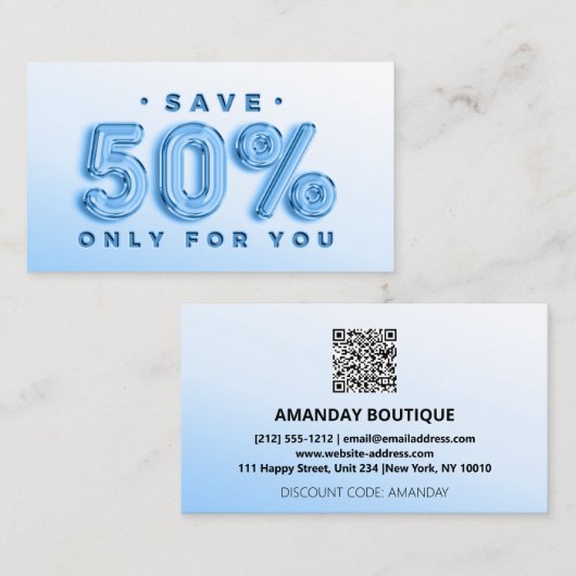 QR-CODE 50%OFF KORTING PROMOTIONELE INVOER VISITEKAARTJE (Voorkant / Achterkant)