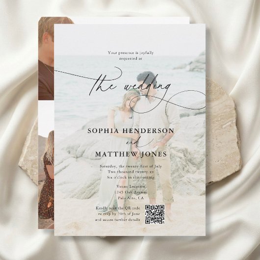 QR-code 5 Foto Whimsical Script Elegante Trouw Kaart
