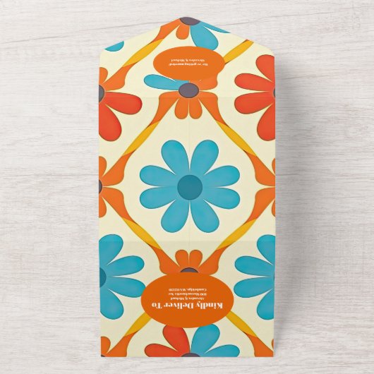 QR Code 70's Retro Groovy Oranje bruiloft All In One Uitnodiging (Buitenkant)