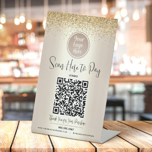 QR Code Aangepaste Logo Gouden Glitters Scan Betaa Reclamebord Met Voetstuk