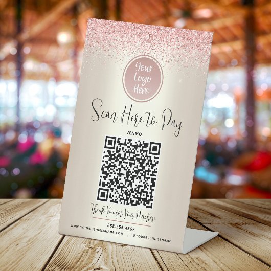 QR Code Aangepaste Logo Roze Glitters Betaal hier Reclamebord Met Voetstuk