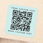 QR code aangepaste tekst boven onderaan licht aqua Vierkante Sticker<br><div class="desc">Licht aqua blauw, vierkante stickers met uw QR-code en aangepaste tekst, één regel boven en één onder. De doopvonten en de kleuren van de verandering, bewegen en resize elementen met het ontwerphulpmiddel. OPMERKING! U MOET DE SJABLOON VAN DE QR-CODE VERVANGEN MET UW EIGEN QR-CODE! Volg ons op Facebook: @business stationery...</div>