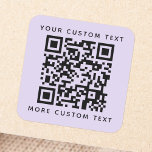 QR-code aangepaste tekst bovenaan paars licht Vierkante Sticker<br><div class="desc">Licht lavender paarse, vierkante stickers met uw QR-code en aangepaste tekst, één regel bovenaan en één lijn onderaan. De doopvonten en de kleuren van de verandering, bewegen en resize elementen met het ontwerphulpmiddel. OPMERKING! U MOET DE SJABLOON VAN DE QR-CODE VERVANGEN MET UW EIGEN QR-CODE! Volg ons op Facebook: @business...</div>