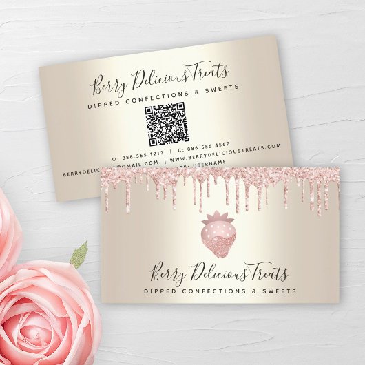 QR-code Aardbeien Roze Glitter Confection Gold Visitekaartje