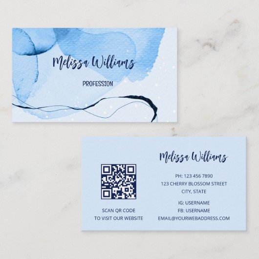 QR-code | Abstracte Art Blue Waterverf Visitekaartje (Voorkant / Achterkant)