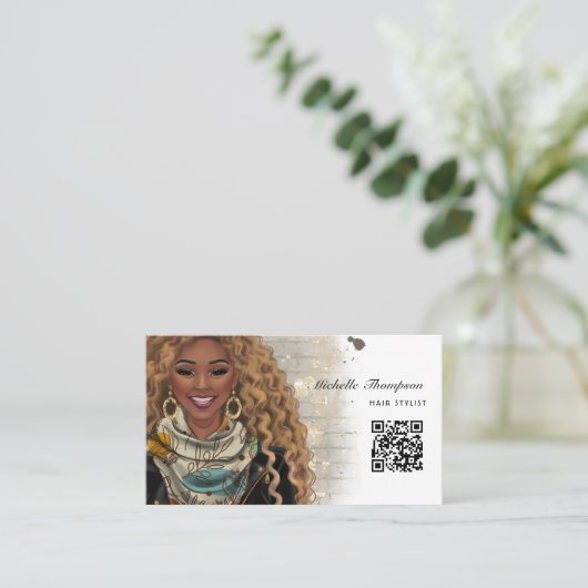 QR-code Afrikaanse Amerikaanse Haarstylist Visitekaartje (Staand voorkant)