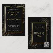 QR Code Afstuderen Invitation Zwart Goud Ontwerp Notitiekaartje (Voorkant / Achterkant)