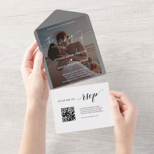 QR Code Airy Greenery Foto Weddenschap All In One Uitnodiging (Afscheurbaar)