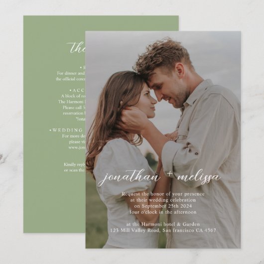 QR Code All in One Sage Green Photo Script Wedding Kaart (Voorkant / Achterkant)