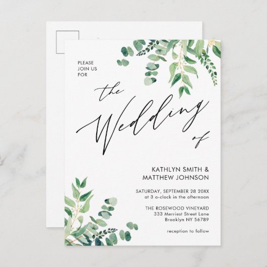 QR-code allemaal in één eucalyptusbruinhuwelijk Uitnodiging Briefkaart (Voorkant / Achterkant)