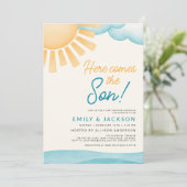 QR-code Alles in één Hier komt het Baby shower van Kaart (Staand voorkant)