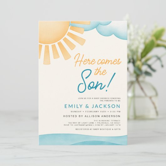 QR-code Alles in één Hier komt het Baby shower van Kaart (Staand voorkant)