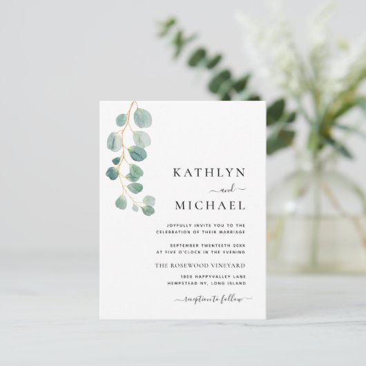 QR-code alles in één moderne eucalyptus groene bru Uitnodiging Briefkaart (Staand voorkant)