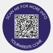 QR code and custom text round white & dark blue  Ronde Sticker (Voorkant)