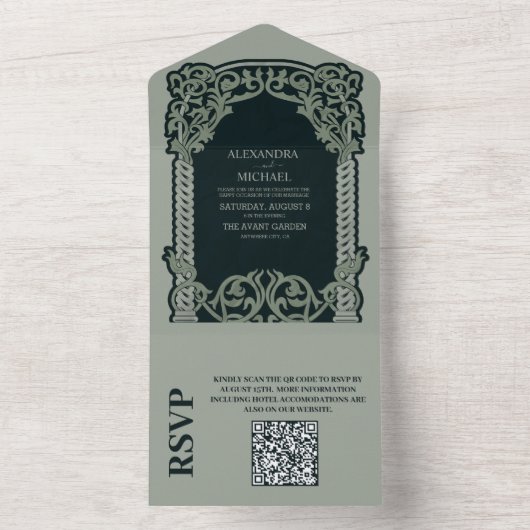 QR Code Antiek Art Nouveau bruiloft All In One Uitnodiging (Binnen)
