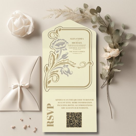 QR Code Antiek Art Nouveau bruiloft All In One Uitnodiging