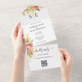 QR Code Aquarel Bloemige Monogram Huwelijk All In One Uitnodiging (Afscheurbaar)