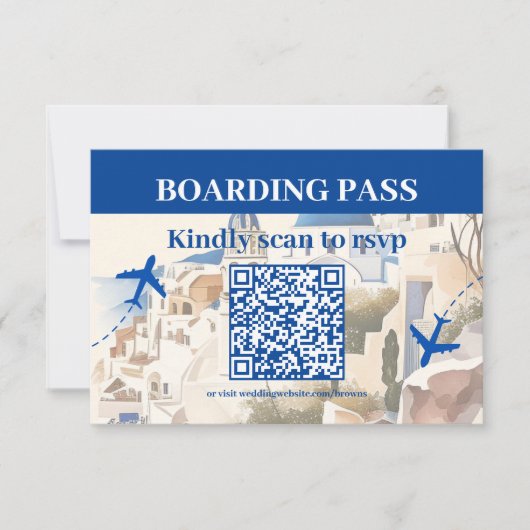 QR Code Aquarel Santorini Bestemmingsbruiloft RSVP Kaartje (Voorkant)