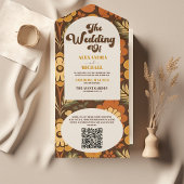 QR Code Arch Moderne Retro 70s Bloemen Bruiloft All In One Uitnodiging